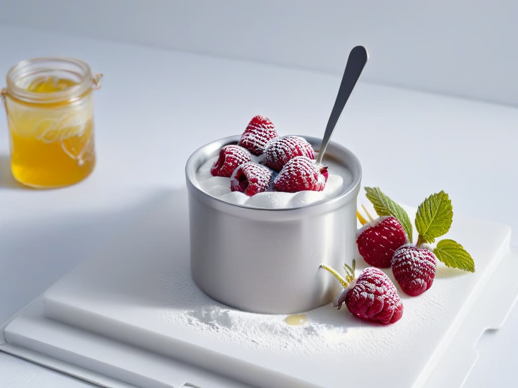  A minimalist, ultradetailed image of a pristine white marble countertop with a sleek, silver saucepan, a vanilla bean pod, a bowl of fresh raspberries, a jar of honey, and a small dish of gelatin powder neatly arranged. The lighting is soft, casting gentle shadows that highlight the textures of the ingredients, creating a serene and elegant culinary composition. hyperrealistic, full body, detailed clothing, highly detailed, cinematic lighting, stunningly beautiful, intricate, sharp focus, f/1. 8, 85mm, (centered image composition), (professionally color graded), ((bright soft diffused light)), volumetric fog, trending on instagram, trending on tumblr, HDR 4K, 8K