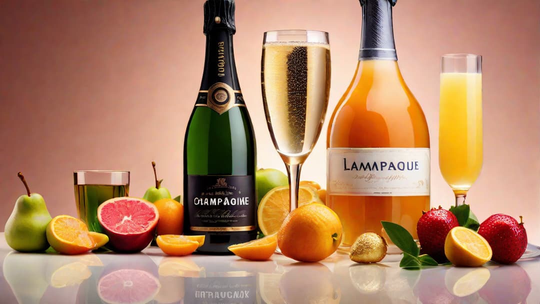  Create an image that showcases various ingredients like fruit, juice, and liqueurs with a bottle of champagne, conveying the title "What can I mix champagne with?" in a visually appealing and enticing way. hyperrealistic, full body, detailed clothing, highly detailed, cinematic lighting, stunningly beautiful, intricate, sharp focus, f/1. 8, 85mm, (centered image composition), (professionally color graded), ((bright soft diffused light)), volumetric fog, trending on instagram, trending on tumblr, HDR 4K, 8K