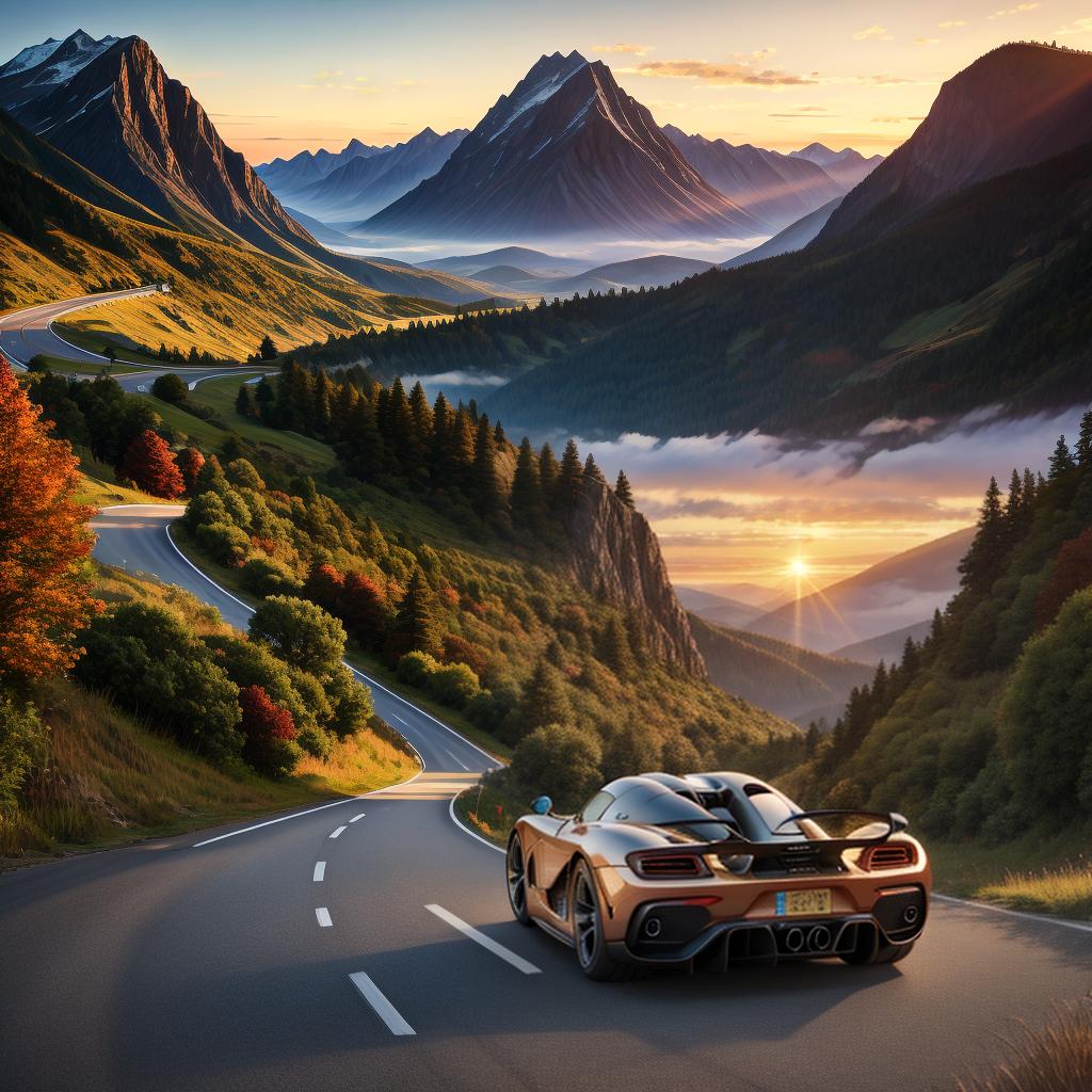  concept art hyper realistic, 2020 Koenigsegg Regera, intricate details, winding mountain road, epic sunrise, golden clouds, dramatic lighting, perfect composition, , 4k. digital artwork, illustrative, painterly, matte painting, highly detailed