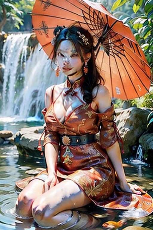 (masterpiece), (extremely intricate:1.3), ancient Chinese Tang Dynasty concubine, hot and sweet goddess face, red koi fish, charming big apricot eyes, lancet eyebrows, sitting under the red high wall, sexy finger into the water, koi fish swimming in the water, open the retro red umbrella, wear gorgeous red dress, clear reflecting pool,Leica 50mm, f1. 4. 4k hyperrealistic, full body, detailed clothing, highly detailed, cinematic lighting, stunningly beautiful, intricate, sharp focus, f/1. 8, 85mm, (centered image composition), (professionally color graded), ((bright soft diffused light)), volumetric fog, trending on instagram, trending on tumblr, HDR 4K, 8K
