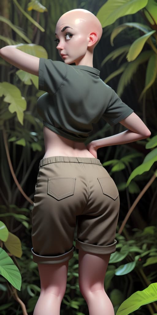  bald girl in the jungle, takes off her pants, back