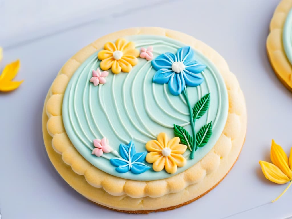  A closeup, ultradetailed image of a beautifully decorated vegan sugar cookie with intricate icing designs in pastel colors, set against a crisp white background. The cookie is adorned with delicate floral patterns and geometric shapes, showcasing the artistry and creativity of vegan cookie decoration. The lines are sharp, the colors vibrant, and the overall composition exudes a sense of precision and elegance, appealing to both vegans and nonvegans alike. hyperrealistic, full body, detailed clothing, highly detailed, cinematic lighting, stunningly beautiful, intricate, sharp focus, f/1. 8, 85mm, (centered image composition), (professionally color graded), ((bright soft diffused light)), volumetric fog, trending on instagram, trending on tumblr, HDR 4K, 8K