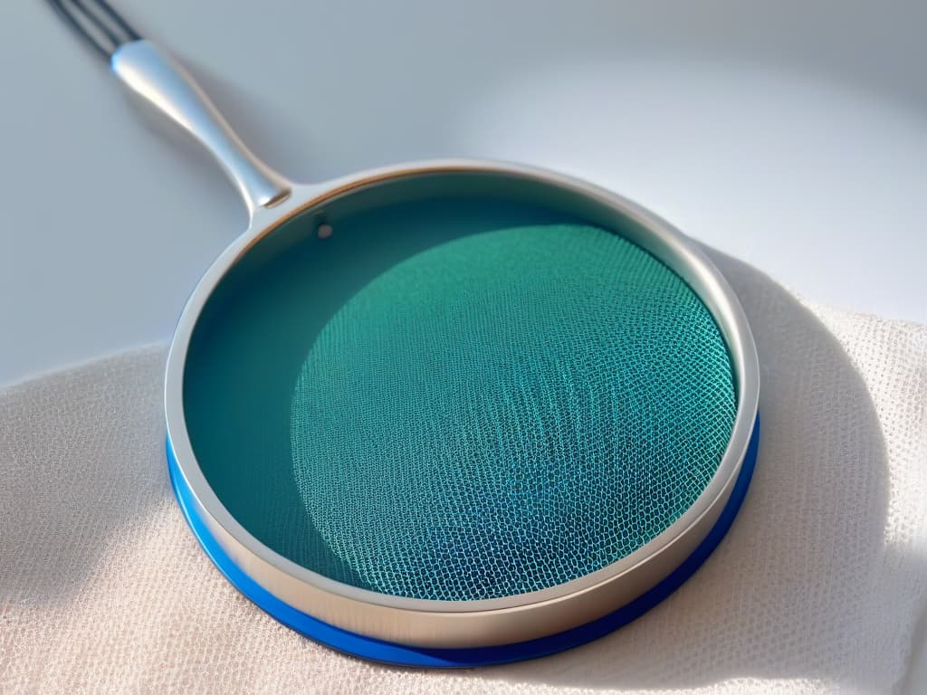  A closeup, ultradetailed image of a sleek, modern stainless steel sieve with fine mesh, showcasing the intricate pattern of the mesh and the reflection of light on its surface. hyperrealistic, full body, detailed clothing, highly detailed, cinematic lighting, stunningly beautiful, intricate, sharp focus, f/1. 8, 85mm, (centered image composition), (professionally color graded), ((bright soft diffused light)), volumetric fog, trending on instagram, trending on tumblr, HDR 4K, 8K