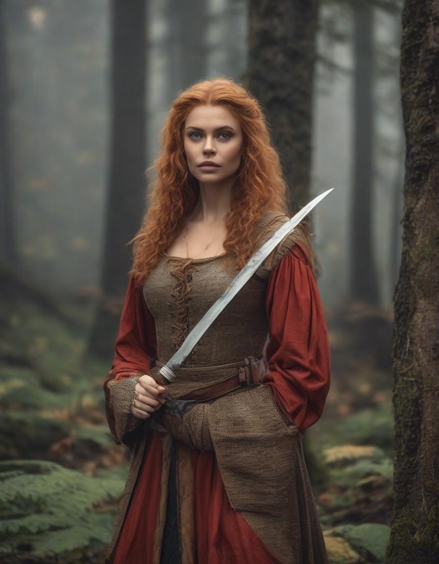  cinematic film still The era of medieval wars, a frame from a film, the most detailed image, cloudy and foggy autumn morning, rain, Chloe Grace Moretz with long light red hair, in a dark forest robber costume, holding a hunting knife in her right hand, with a combat dynamic expressive pose, prepared for battle, forest, maximum detail, especially carefully drawn faces, the maximum correspondence of historical medieval clothes, small details, the most correct anatomy, . shallow depth of field, vignette, highly detailed, high budget, bokeh, cinemascope, moody, epic, gorgeous, film grain, grainy hyperrealistic, full body, detailed clothing, highly detailed, cinematic lighting, stunningly beautiful, intricate, sharp focus, f/1. 8, 85mm, (centered image composition), (professionally color graded), ((bright soft diffused light)), volumetric fog, trending on instagram, trending on tumblr, HDR 4K, 8K