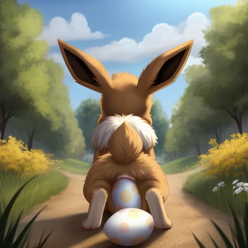  Eevee, feral, egg in ass, anal oviposition, view from behind,, open eyes, digital art, masterpiece, 4k, fine details,