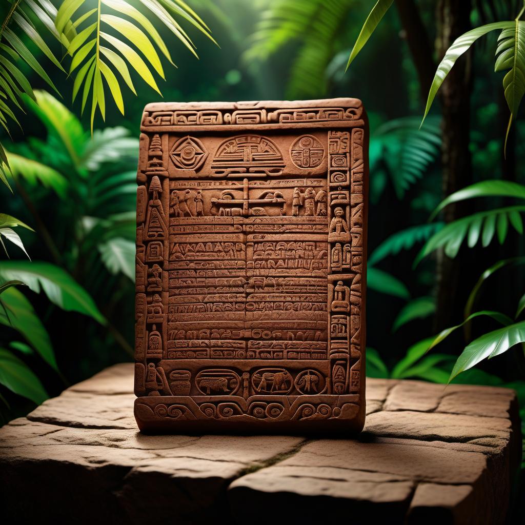  An ancient clay tablet with drawings and writings of South American tribes against a lush background. hyperrealistic, full body, detailed clothing, highly detailed, cinematic lighting, stunningly beautiful, intricate, sharp focus, f/1. 8, 85mm, (centered image composition), (professionally color graded), ((bright soft diffused light)), volumetric fog, trending on instagram, trending on tumblr, HDR 4K, 8K