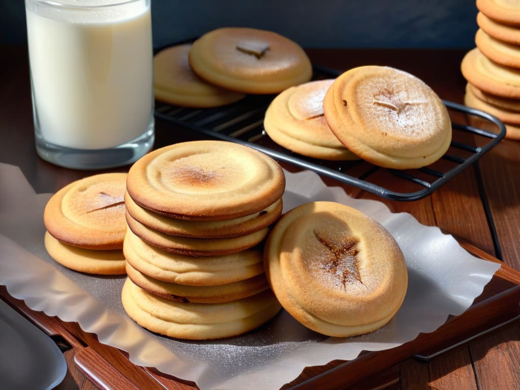  An ultradetailed, photorealistic image of a freshly baked batch of soft and aromatic Snickerdoodle cookies, still warm on a cooling rack. Each cookie is perfectly round, coated in a cinnamonsugar mixture, with a slightly cracked surface and a tantalizing aroma wafting into the air. The cookies are placed on a rustic wooden table, with a few whole cinnamon sticks and a vintage glass of milk in the background, adding to the cozy and inviting atmosphere. The lighting is soft, casting gentle shadows and highlighting the textures of the cookies, making the viewer almost able to smell and taste them. hyperrealistic, full body, detailed clothing, highly detailed, cinematic lighting, stunningly beautiful, intricate, sharp focus, f/1. 8, 85mm, (centered image composition), (professionally color graded), ((bright soft diffused light)), volumetric fog, trending on instagram, trending on tumblr, HDR 4K, 8K