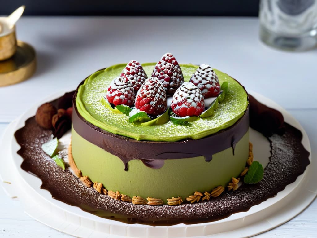  A minimalistic image of a beautifully plated dessert fusion creation, showcasing layers of rich chocolate mousse and delicate matcha sponge cake, garnished with edible gold flakes and fresh raspberries, set on a sleek white plate against a black backdrop. The dessert is accompanied by a handwritten note in elegant calligraphy that reads "Historias Dulces" in Spanish, adding a touch of emotional storytelling to the visually stunning composition. hyperrealistic, full body, detailed clothing, highly detailed, cinematic lighting, stunningly beautiful, intricate, sharp focus, f/1. 8, 85mm, (centered image composition), (professionally color graded), ((bright soft diffused light)), volumetric fog, trending on instagram, trending on tumblr, HDR 4K, 8K