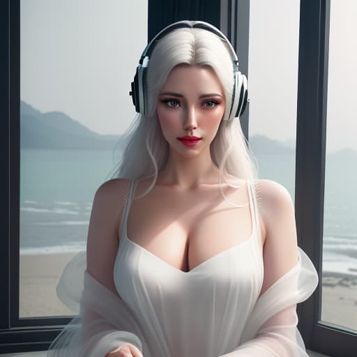  analog style, best quality, gorgeous young Swiss sitting by window with headphones on, wearing white with translucent shirt over, soft lips, beach hair, octane render, unreal engine, photograph, realistic skin texture, photorealistic, hyper realism, highly detailed, 85mm portrait photography, award winning, hard rim lighting photography hyperrealistic, full body, detailed clothing, highly detailed, cinematic lighting, stunningly beautiful, intricate, sharp focus, f/1. 8, 85mm, (centered image composition), (professionally color graded), ((bright soft diffused light)), volumetric fog, trending on instagram, trending on tumblr, HDR 4K, 8K