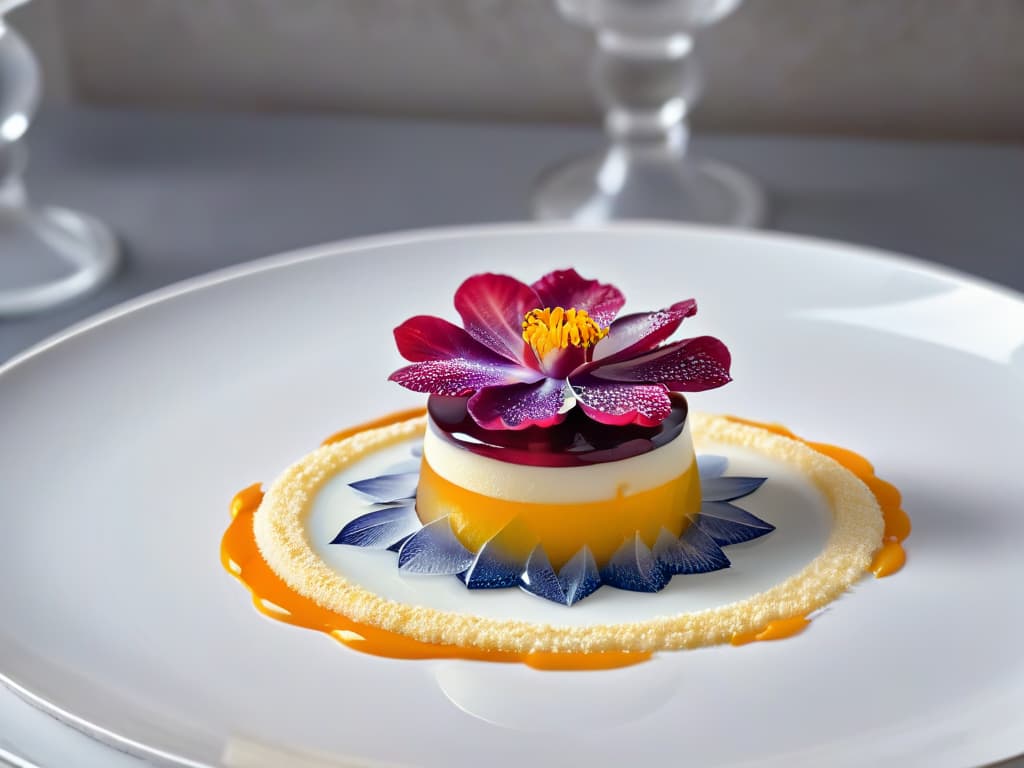  A closeup, ultradetailed image of a delicate, multilayered molecular dessert, showcasing intricate, transparent gelatin sheets holding suspended spheres of vibrant fruit flavors, topped with a shimmering edible flower petal. The dessert is elegantly displayed on a sleek, modern plate with subtle geometric patterns, set against a soft focus background to emphasize the precision and artistry of molecular gastronomy. hyperrealistic, full body, detailed clothing, highly detailed, cinematic lighting, stunningly beautiful, intricate, sharp focus, f/1. 8, 85mm, (centered image composition), (professionally color graded), ((bright soft diffused light)), volumetric fog, trending on instagram, trending on tumblr, HDR 4K, 8K