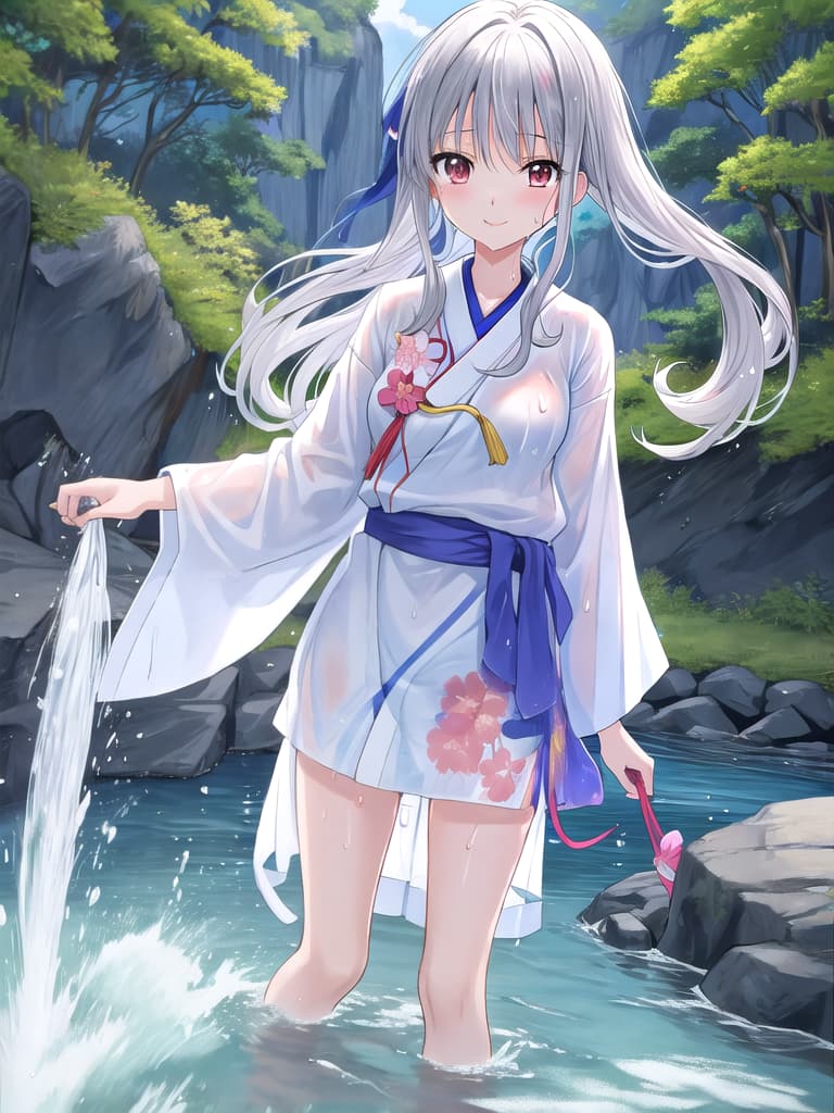  anime screencap flat color,{{{japonica,motion lines}}}, {{{Wet clothes}}}, wet hair, wet face mahou shoujo lyrical nanoha,playing in the river in mountain, smile, standing, gray silver hair, long hair