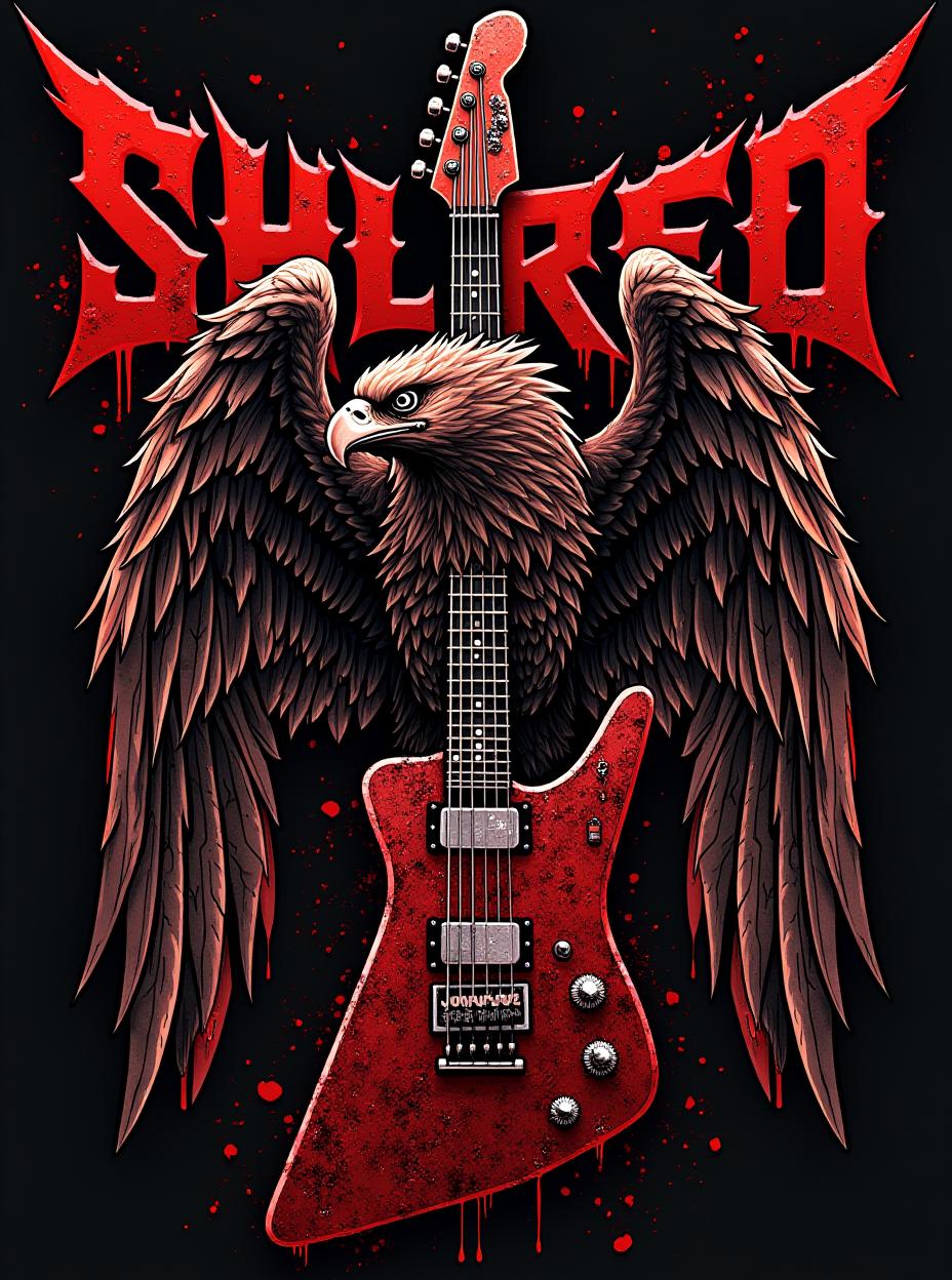  good quality, high quality, thrash metal shirt design. there are designs related to twitch streaming, metal music, the guitar is a wylde audio blood eagle. the letters "shred on top of the design