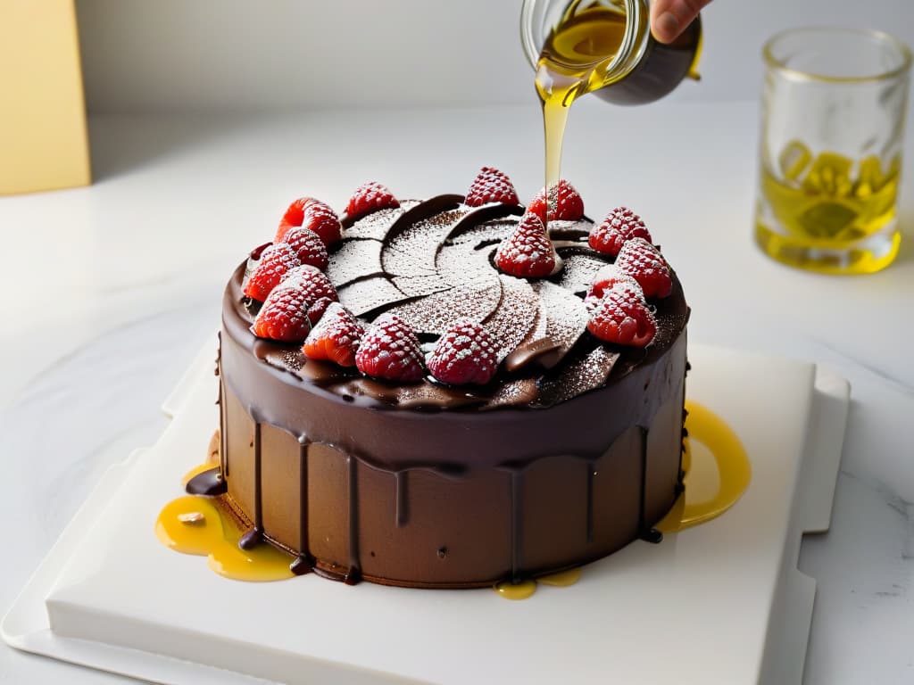  A minimalist, ultradetailed image of a decadent chocolate cake being drizzled with golden, viscous extra virgin olive oil. The cake is perfectly moist, adorned with fresh raspberries, and sits on a sleek, modern marble cake stand. The olive oil glistens as it cascades over the cake, with each droplet captured in stunning clarity, showcasing the unexpected yet tantalizing combination of olive oil in sweet treats. hyperrealistic, full body, detailed clothing, highly detailed, cinematic lighting, stunningly beautiful, intricate, sharp focus, f/1. 8, 85mm, (centered image composition), (professionally color graded), ((bright soft diffused light)), volumetric fog, trending on instagram, trending on tumblr, HDR 4K, 8K