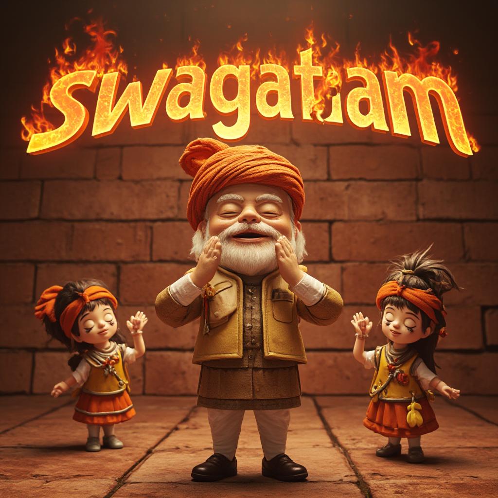  fantastic, indian chibi like girls doing namaste, with narendra modi in middle holding gun, exact brick texture background, a text behind in flames and fire lava effect exactly saying "swagatam" joined and muted hyperrealistic, full body, detailed clothing, highly detailed, cinematic lighting, stunningly beautiful, intricate, sharp focus, f/1. 8, 85mm, (centered image composition), (professionally color graded), ((bright soft diffused light)), volumetric fog, trending on instagram, trending on tumblr, HDR 4K, 8K