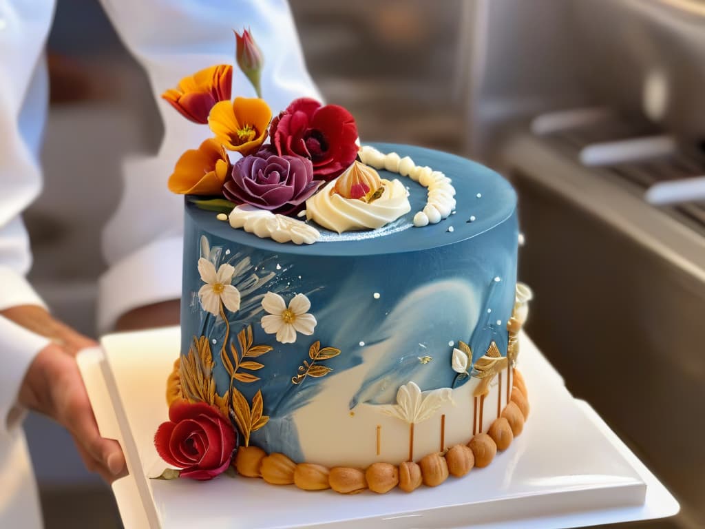  A closeup, ultradetailed image of a chef delicately piping intricate designs on a decadent multilayered cake. The chef's hands, adorned with colorful tattoos, expertly maneuver the pastry bag, creating a symphony of swirls and patterns. The cake itself is a masterpiece, adorned with edible flowers, shimmering gold leaf, and delicate sugar sculptures that glisten under the soft glow of ambient lighting. The scene exudes creativity, precision, and artistry, embodying the essence of redefining pastry with multisensory desserts. hyperrealistic, full body, detailed clothing, highly detailed, cinematic lighting, stunningly beautiful, intricate, sharp focus, f/1. 8, 85mm, (centered image composition), (professionally color graded), ((bright soft diffused light)), volumetric fog, trending on instagram, trending on tumblr, HDR 4K, 8K