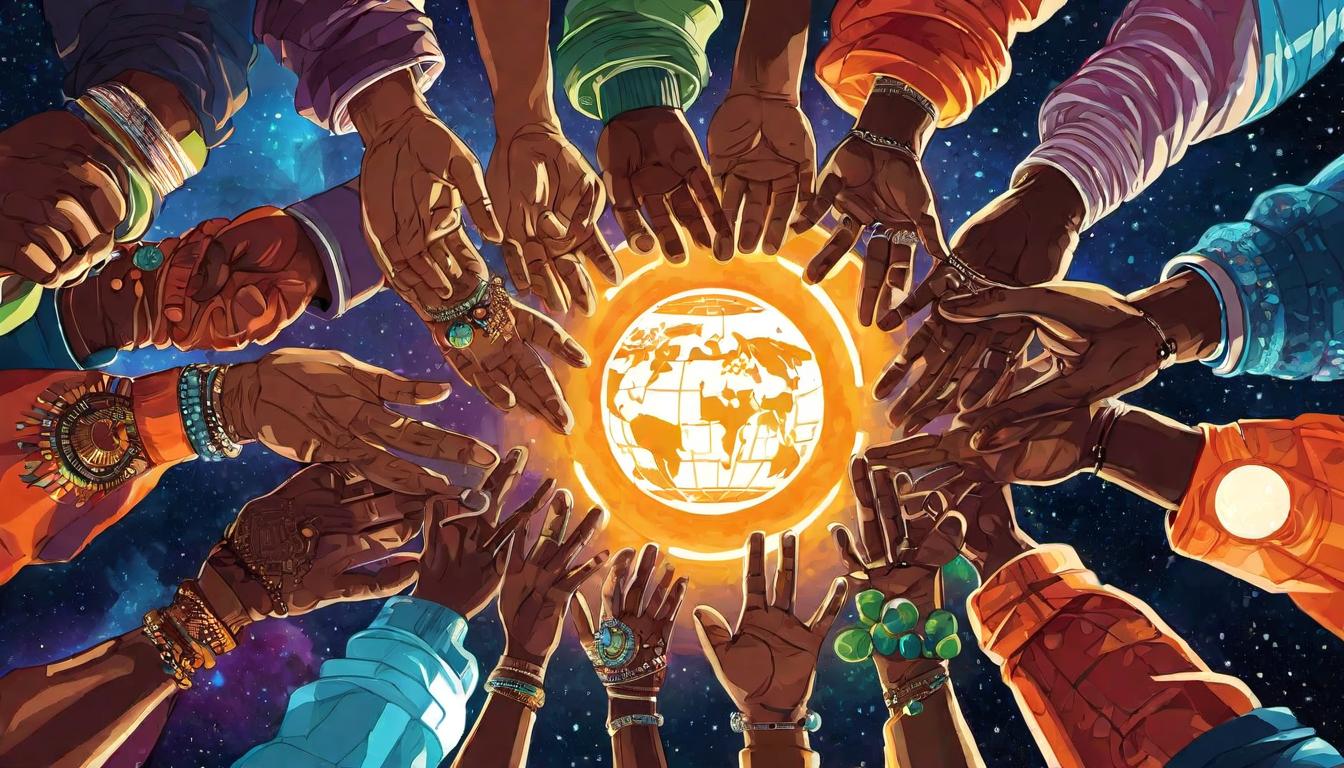  digital illustration, A circle of diverse beings, hands joined, encircling a planet glowing with life, unity in diversity, cosmic connection, profound togetherness., looking at viewer, dynamic pose, (intricate details, masterpiece, best quality)