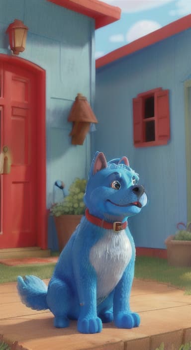  {Max the big blue dog standing in front of a cozy little house with a red door, The big blue dog is large with sky blue fur, big round eyes, a black nose, and floppy ears.