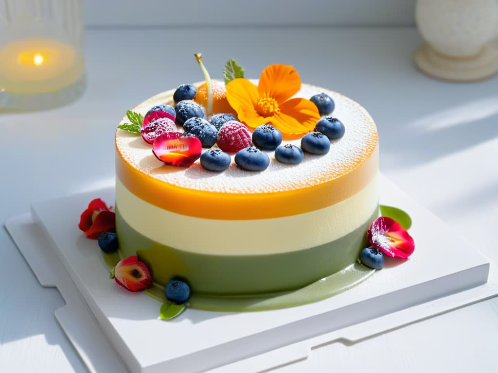  A closeup, ultradetailed image of a vibrant, intricate gelatin dessert masterpiece showcasing layers of colors and textures, with delicate edible flowers and fruits beautifully arranged on top, all set on an elegant, modern plate. The dessert exudes sophistication and artistry, with the light glinting off the glossy surface, highlighting the meticulous craftsmanship that went into its creation. hyperrealistic, full body, detailed clothing, highly detailed, cinematic lighting, stunningly beautiful, intricate, sharp focus, f/1. 8, 85mm, (centered image composition), (professionally color graded), ((bright soft diffused light)), volumetric fog, trending on instagram, trending on tumblr, HDR 4K, 8K