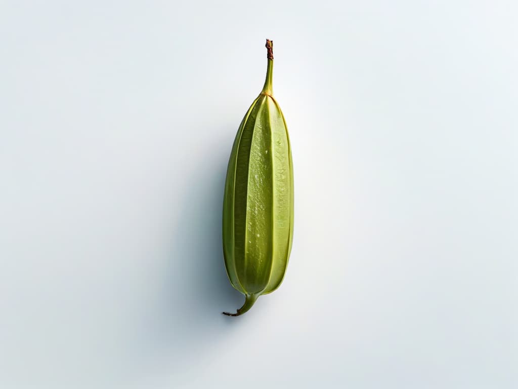  A closeup, ultradetailed image of a single vanilla bean pod against a stark white background. The focus is sharp, capturing every tiny speck and texture on the pod, showcasing its natural beauty and simplicity. hyperrealistic, full body, detailed clothing, highly detailed, cinematic lighting, stunningly beautiful, intricate, sharp focus, f/1. 8, 85mm, (centered image composition), (professionally color graded), ((bright soft diffused light)), volumetric fog, trending on instagram, trending on tumblr, HDR 4K, 8K