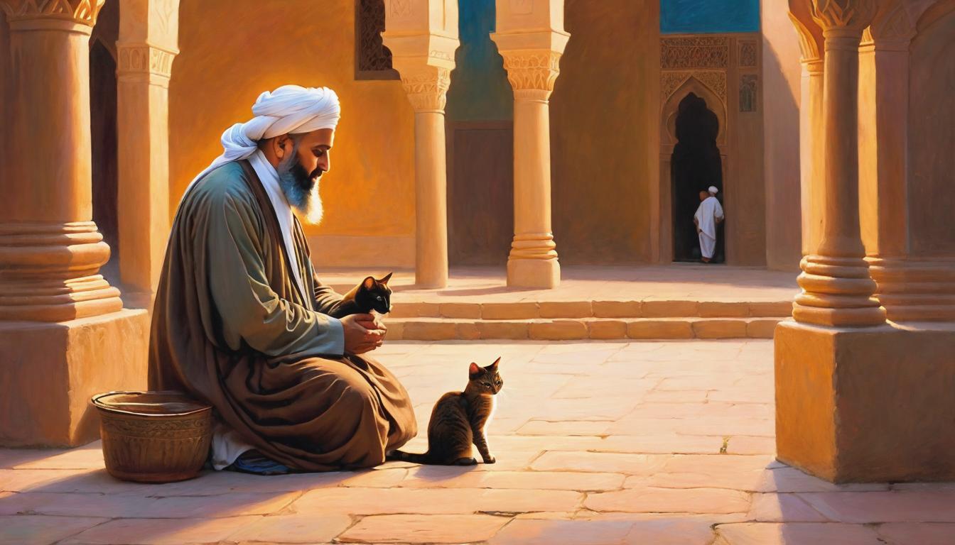  OIL PASTEL+++ In a bustling mosque courtyard during a serene evening, a revered Islamic scholar takes a moment of respite from teaching to stroke the fur of a stray cat, embodying the kindness and compassion taught by Islam.