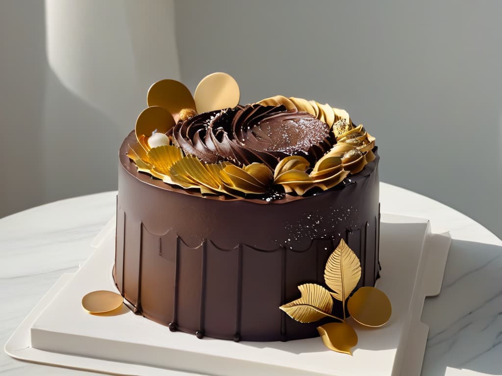  A closeup, ultradetailed image of a perfectly sculpted, glossy chocolate ganache cake adorned with delicate gold leaf details. The cake sits on a sleek marble platter, with soft natural light gently highlighting its intricate design and luxurious finish. Every swirl of ganache and shimmer of gold is captured in stunning clarity, showcasing the artistry and precision that goes into modern pastry creations. hyperrealistic, full body, detailed clothing, highly detailed, cinematic lighting, stunningly beautiful, intricate, sharp focus, f/1. 8, 85mm, (centered image composition), (professionally color graded), ((bright soft diffused light)), volumetric fog, trending on instagram, trending on tumblr, HDR 4K, 8K