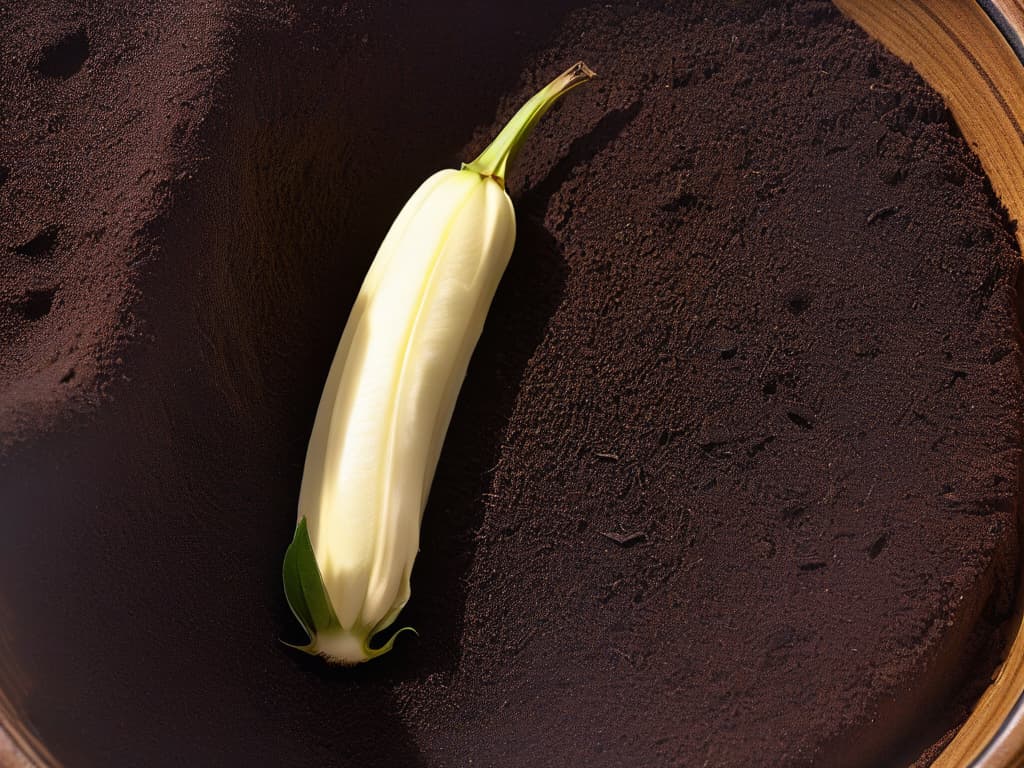  An 8k ultradetailed image of a single vanilla bean from Madagascar, perfectly split open to reveal the tiny, intricate seeds inside. The focus is incredibly sharp, capturing every tiny detail of the bean's texture and the arrangement of the seeds. The lighting is soft, casting gentle shadows that highlight the natural beauty of the vanilla bean. hyperrealistic, full body, detailed clothing, highly detailed, cinematic lighting, stunningly beautiful, intricate, sharp focus, f/1. 8, 85mm, (centered image composition), (professionally color graded), ((bright soft diffused light)), volumetric fog, trending on instagram, trending on tumblr, HDR 4K, 8K