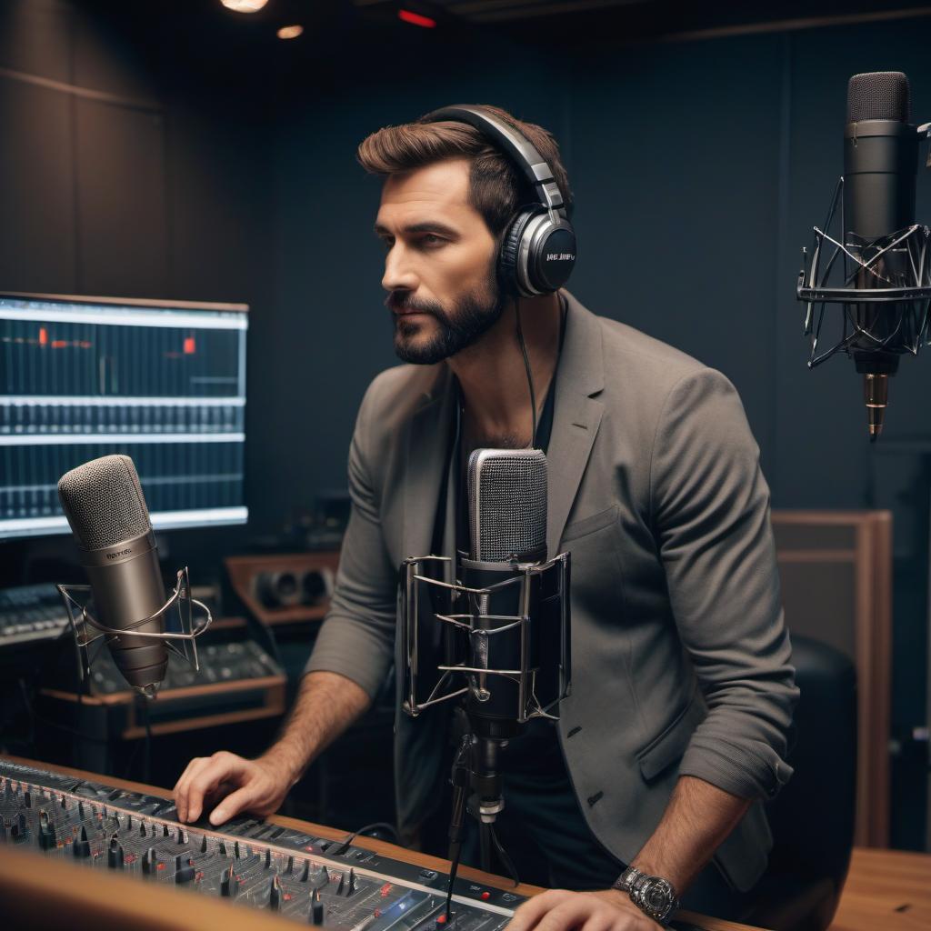  Draw an image of a presenter recording an audio advertisement in a recording studio. hyperrealistic, full body, detailed clothing, highly detailed, cinematic lighting, stunningly beautiful, intricate, sharp focus, f/1. 8, 85mm, (centered image composition), (professionally color graded), ((bright soft diffused light)), volumetric fog, trending on instagram, trending on tumblr, HDR 4K, 8K