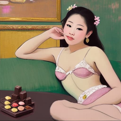  Attractive Beautiful young Thai reclining with moist pink open lips. Forground is plates of fine dark chocolates. Background is a Thai palace. Painting style of Edgar Degas