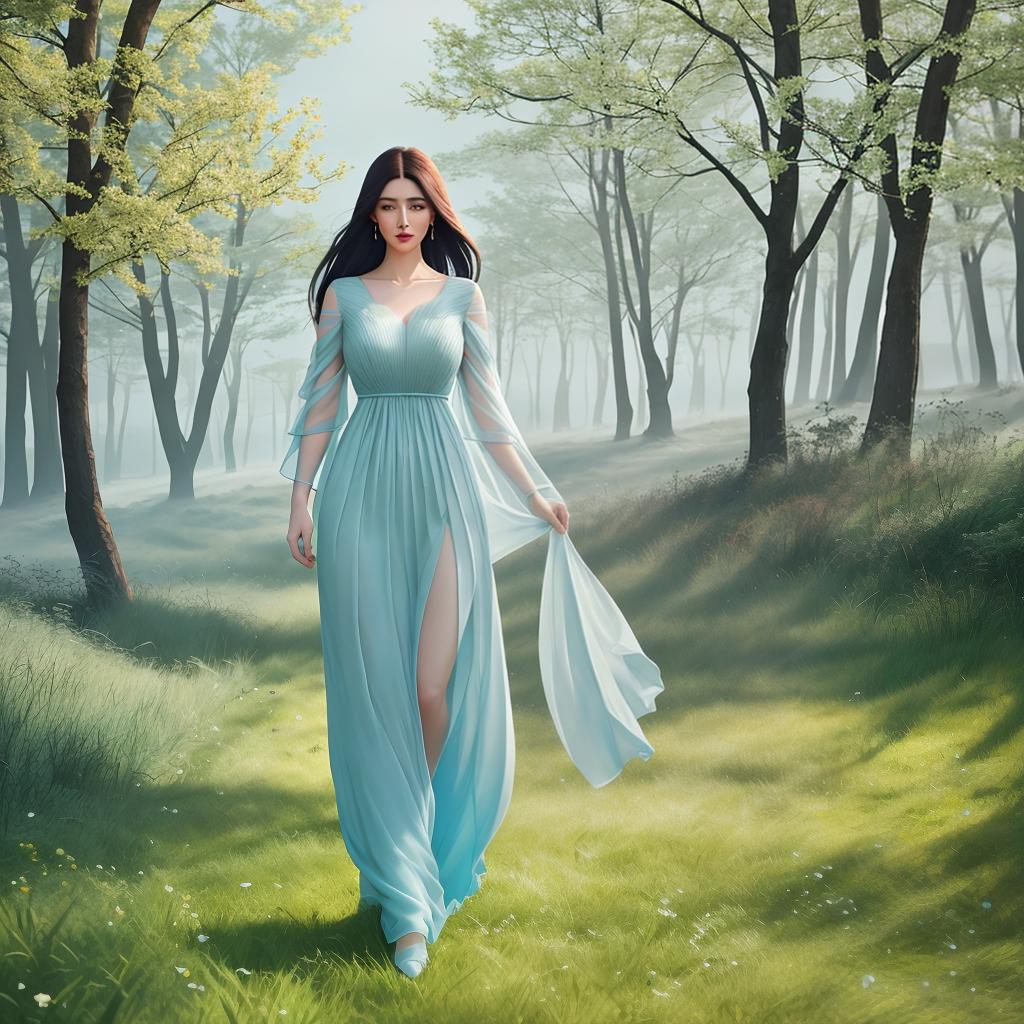  a girl walking through a field, in the style of ethereal trees, dark yellow and azure, majestic, sweeping seascapes hyperrealistic, full body, detailed clothing, highly detailed, cinematic lighting, stunningly beautiful, intricate, sharp focus, f/1. 8, 85mm, (centered image composition), (professionally color graded), ((bright soft diffused light)), volumetric fog, trending on instagram, trending on tumblr, HDR 4K, 8K