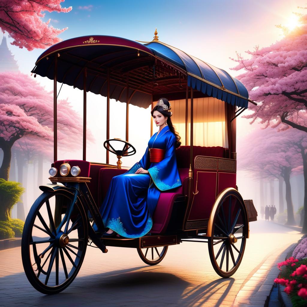  ethereal fantasy concept art of RIKSHA (Japanese jinrikisya) a light two wheeled carriage in which a person is pulled (also called a rickshaw). (Background): blossoming pink sakura, an empty rickshaw stands on the pavement. (Rickshaw design) A tent upholstered in dark blue silk. There is a sofa upholstered in red velvet and a painted wooden footstool. . magnificent, celestial, ethereal, painterly, epic, majestic, magical, fantasy art, cover art, dreamy hyperrealistic, full body, detailed clothing, highly detailed, cinematic lighting, stunningly beautiful, intricate, sharp focus, f/1. 8, 85mm, (centered image composition), (professionally color graded), ((bright soft diffused light)), volumetric fog, trending on instagram, trending on tumblr, HDR 4K, 8K