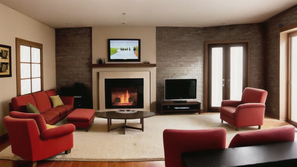  A modern living room with a fireplace, all the furniture is placed around the fireplace, the cold marble walls reflect the light of the fireplace flames, the floor is covered with a warm and semicircular carpet, the dining table is directly in front of the fireplace, the table is placed in the middle of the meal, the sofa, chair, TV set is surrounded by the fireplace, the photo is hung on the brick wall above the fireplace