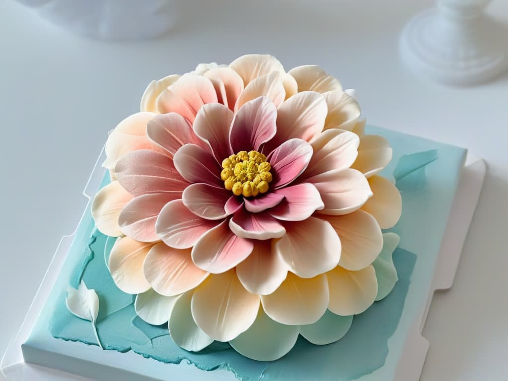  An ultradetailed closeup image of a delicate, perfectly sculpted sugar flower, showcasing intricate layers of petals with subtle gradients in pastel hues. Each petal is so finely crafted that the individual grains of sugar used in its creation are visible, adding a mesmerizing level of detail to the overall design. The play of light and shadow on the glossy surface of the sugar flower highlights the skill and artistry required to master the craft of pastry decoration. hyperrealistic, full body, detailed clothing, highly detailed, cinematic lighting, stunningly beautiful, intricate, sharp focus, f/1. 8, 85mm, (centered image composition), (professionally color graded), ((bright soft diffused light)), volumetric fog, trending on instagram, trending on tumblr, HDR 4K, 8K