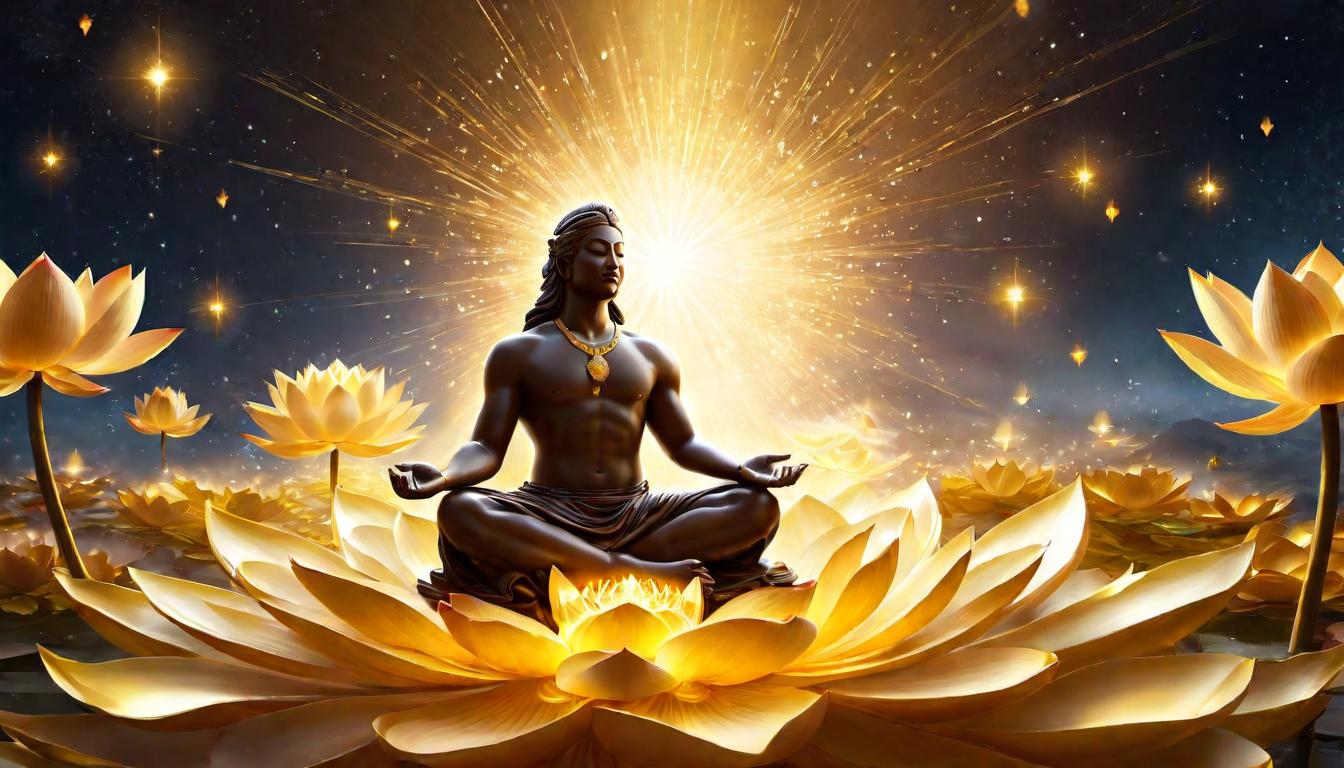  digital illustration, A radiant figure enveloped in cascading light, figure seated in meditative pose on lotus flower, golden aura emanating, celestial sparks rising, serene atmosphere, divine activation, ethereal glow, looking at viewer, dynamic pose, (intricate details, masterpiece, best quality)