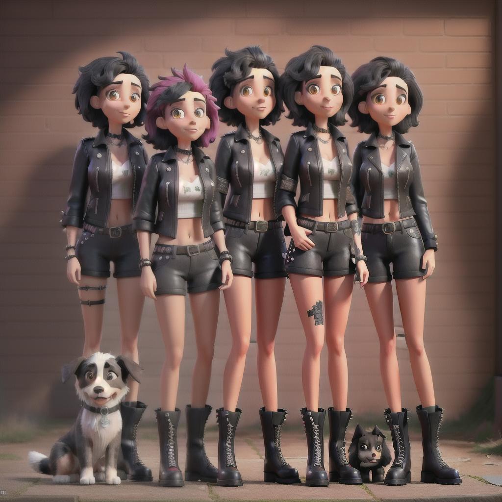 A group of (((border collies dressed as punk rockers standing upright))), all donning black leather jackets, posing confidently against a (distressed brick wall) with an (affable alley cat) sauntering before them, (((NO HUMANS))) hyperrealistic, full body, detailed clothing, highly detailed, cinematic lighting, stunningly beautiful, intricate, sharp focus, f/1. 8, 85mm, (centered image composition), (professionally color graded), ((bright soft diffused light)), volumetric fog, trending on instagram, trending on tumblr, HDR 4K, 8K