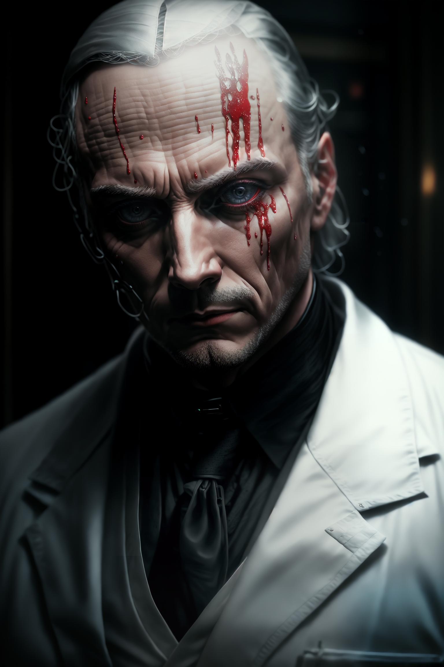  Hannibal Lecter, (cold visage:1.2), (facial expression is indifferent and ruthless), (clear and sharp eyes), (as if to see through people's hearts), (refined attire:1.0), (as a doctor), (wearing an exquisite suit or a white lab coat), (this contrasting image), (further deepens the audience's understanding of his complex character and behavior patterns), (holding a scalpel:1.0), (often holding a scalpel or other medical instruments), (reflecting the extreme and terrifying methods he uses in psychotherapy), (bloodstains:0.8), (adding subtle bloodstains on certain parts of his body), (like collar, cuff), (hinting at his cannibalistic behavior), (hospital environment:1.2), (main scene is a bright and sanitary modern hospital interior), (includi hyperrealistic, full body, detailed clothing, highly detailed, cinematic lighting, stunningly beautiful, intricate, sharp focus, f/1. 8, 85mm, (centered image composition), (professionally color graded), ((bright soft diffused light)), volumetric fog, trending on instagram, trending on tumblr, HDR 4K, 8K
