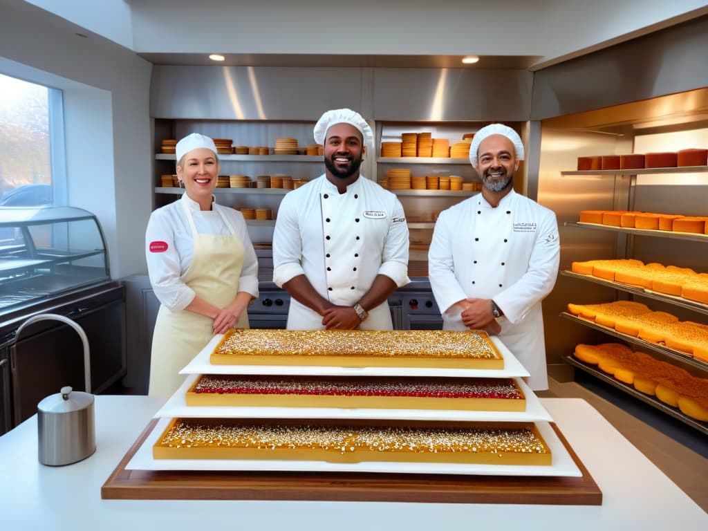  A photorealistic image of a diverse group of professional bakers in a modern, sustainable bakery kitchen. They are creatively decorating intricate pastries made with organic, locally sourced ingredients. The atmosphere is vibrant and inspiring, with shelves displaying jars of colorful spices and freshly baked goods cooling on racks. The natural light streaming in through large windows highlights the craftsmanship and dedication of the bakers as they work together harmoniously. hyperrealistic, full body, detailed clothing, highly detailed, cinematic lighting, stunningly beautiful, intricate, sharp focus, f/1. 8, 85mm, (centered image composition), (professionally color graded), ((bright soft diffused light)), volumetric fog, trending on instagram, trending on tumblr, HDR 4K, 8K