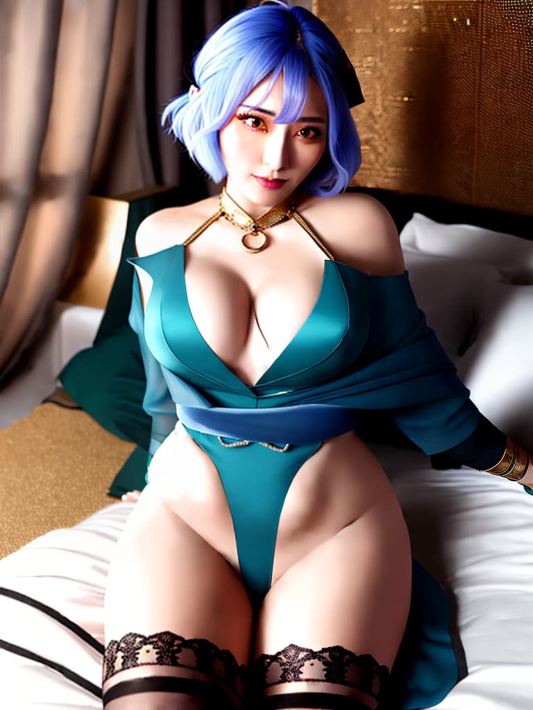  A woman, with short azure hair, a bell on her neck, two horns on her head, a bracelet on her wrist, and black stockings, was lying on a blue bed, her were so that she could see her, she was not wearing any clothes or, her were to, her delicate face, blue eyes, no shoes, her back was leaning on the bed, her body and face were facing forward <lora:hc-kokkoro:1> hyperrealistic, full body, detailed clothing, highly detailed, cinematic lighting, stunningly beautiful, intricate, sharp focus, f/1. 8, 85mm, (centered image composition), (professionally color graded), ((bright soft diffused light)), volumetric fog, trending on instagram, trending on tumblr, HDR 4K, 8K