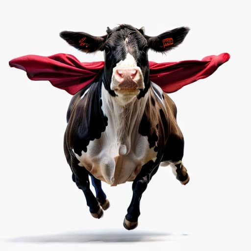  a flying cow, superman cape, on white background, best quality, masterpiece