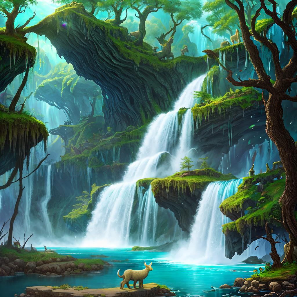  in a fantasy setting, Paint a surreal landscape where mythical beasts roam amidst cascading waterfalls.