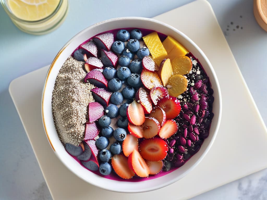  A closeup, ultradetailed image of a vibrant acai bowl topped with fresh blueberries, sliced almonds, chia seeds, and a drizzle of honey. The bowl is set on a marble countertop, beautifully showcasing the colorful and nutritious superfood ingredients. The lighting is soft, accentuating the textures and colors of the toppings, making it a visually appealing and appetizing image for the article on incorporating superfoods into desserts. hyperrealistic, full body, detailed clothing, highly detailed, cinematic lighting, stunningly beautiful, intricate, sharp focus, f/1. 8, 85mm, (centered image composition), (professionally color graded), ((bright soft diffused light)), volumetric fog, trending on instagram, trending on tumblr, HDR 4K, 8K