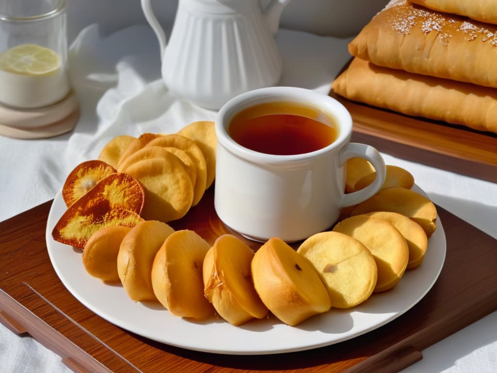  An ultradetailed image of a traditional Chilean kitchen table elegantly set with a plate of goldenbrown sopaipillas pasadas drizzled with sweet syrup, accompanied by a steaming cup of aromatic herbal tea in a delicate ceramic mug. The scene captures the essence of Chilean culinary tradition with a modern, minimalistic twist, showcasing the rich cultural heritage and warm hospitality associated with savoring this iconic Chilean dish. hyperrealistic, full body, detailed clothing, highly detailed, cinematic lighting, stunningly beautiful, intricate, sharp focus, f/1. 8, 85mm, (centered image composition), (professionally color graded), ((bright soft diffused light)), volumetric fog, trending on instagram, trending on tumblr, HDR 4K, 8K