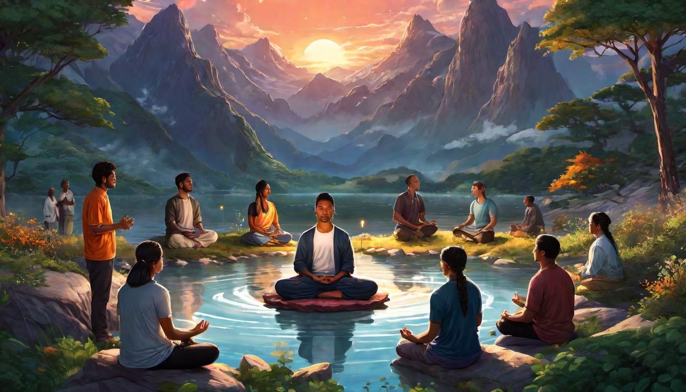  digital illustration, Modern day community gathered, meditating, peaceful setting, glowing energy field around, diverse individuals, unity, conscious living, looking at viewer, dynamic pose, (intricate details, masterpiece, best quality)