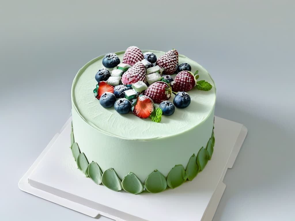  A beautifully decorated glutenfree cake with intricate piped floral designs in pastel colors, topped with fresh berries and mint leaves, set against a simple white background. The details in the frosting are delicate and precise, showcasing the artistry and skill involved in glutenfree cake decoration. hyperrealistic, full body, detailed clothing, highly detailed, cinematic lighting, stunningly beautiful, intricate, sharp focus, f/1. 8, 85mm, (centered image composition), (professionally color graded), ((bright soft diffused light)), volumetric fog, trending on instagram, trending on tumblr, HDR 4K, 8K