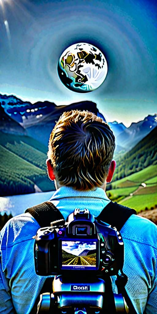  realistic style, ultra realiatic, hyperrealistic, realistic, sondy alpha, camera image quality, sharp, focus, a landscape with beautiful mountains in the background raising to the sky. it is night and the moon is bright shing in full moon. a boy is shown from the back watching to the beautilful amazing landscape full of a green fields and the mountains. he has a hat on.