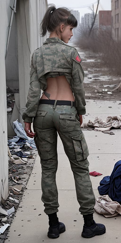  homeless-girl, takes off her military pants, dirty, boy's haircut, around the corner, in an abandoned place, with her back. just show these results!