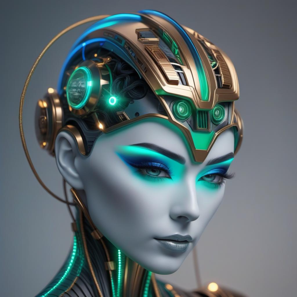  Your Prompt: a beautiful metal girl robot of the future, the wires hang out of her head, with blue green golden glow.Style art hyperrealistic, full body, detailed clothing, highly detailed, cinematic lighting, stunningly beautiful, intricate, sharp focus, f/1. 8, 85mm, (centered image composition), (professionally color graded), ((bright soft diffused light)), volumetric fog, trending on instagram, trending on tumblr, HDR 4K, 8K