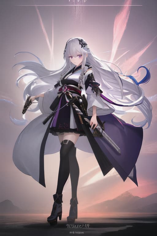  White hair, purple eyes, kimono, snow, sword, big, girls, small, long hair, fleeting, beautiful hyperrealistic, full body, detailed clothing, highly detailed, cinematic lighting, stunningly beautiful, intricate, sharp focus, f/1. 8, 85mm, (centered image composition), (professionally color graded), ((bright soft diffused light)), volumetric fog, trending on instagram, trending on tumblr, HDR 4K, 8K