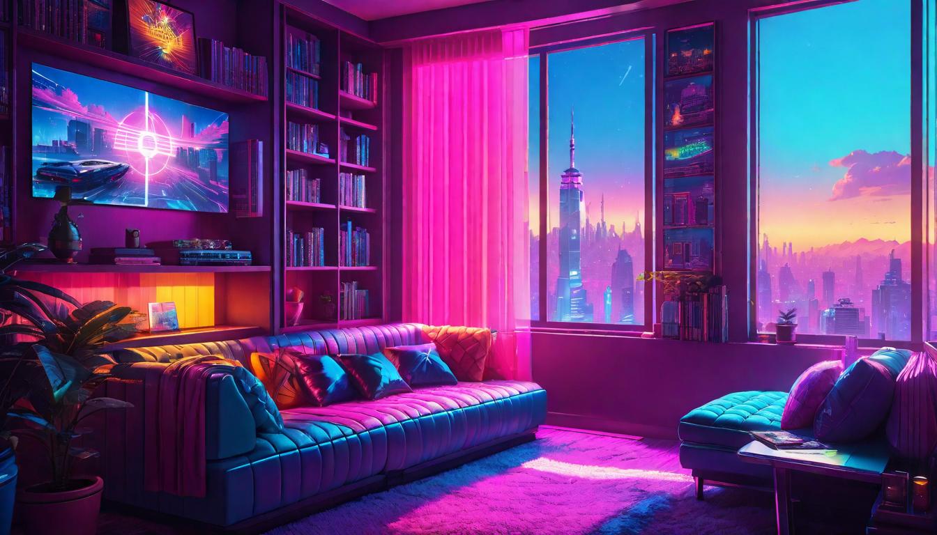  vaporwave,cyberpunk game style A cozy reading nook by a window with soft light filtering through sheer curtains, embodying strategic pauses and internal equilibrium, peaceful, restorativeeon, dystopian, futuristic, digital, vibrant, detailed, high contrast, reminiscent of cyberpunk genre video games,retro aesthetic, cyberpunk, vibrant, neon colors, vintage 80s and 90s style, highly detailed