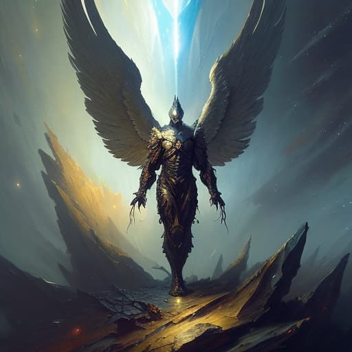  oil painting with heavy impasto of a fallen angel, big wings, cosmic horror painting, elegant intricate artstation concept art by craig mullins detailed, dark cosmic sky