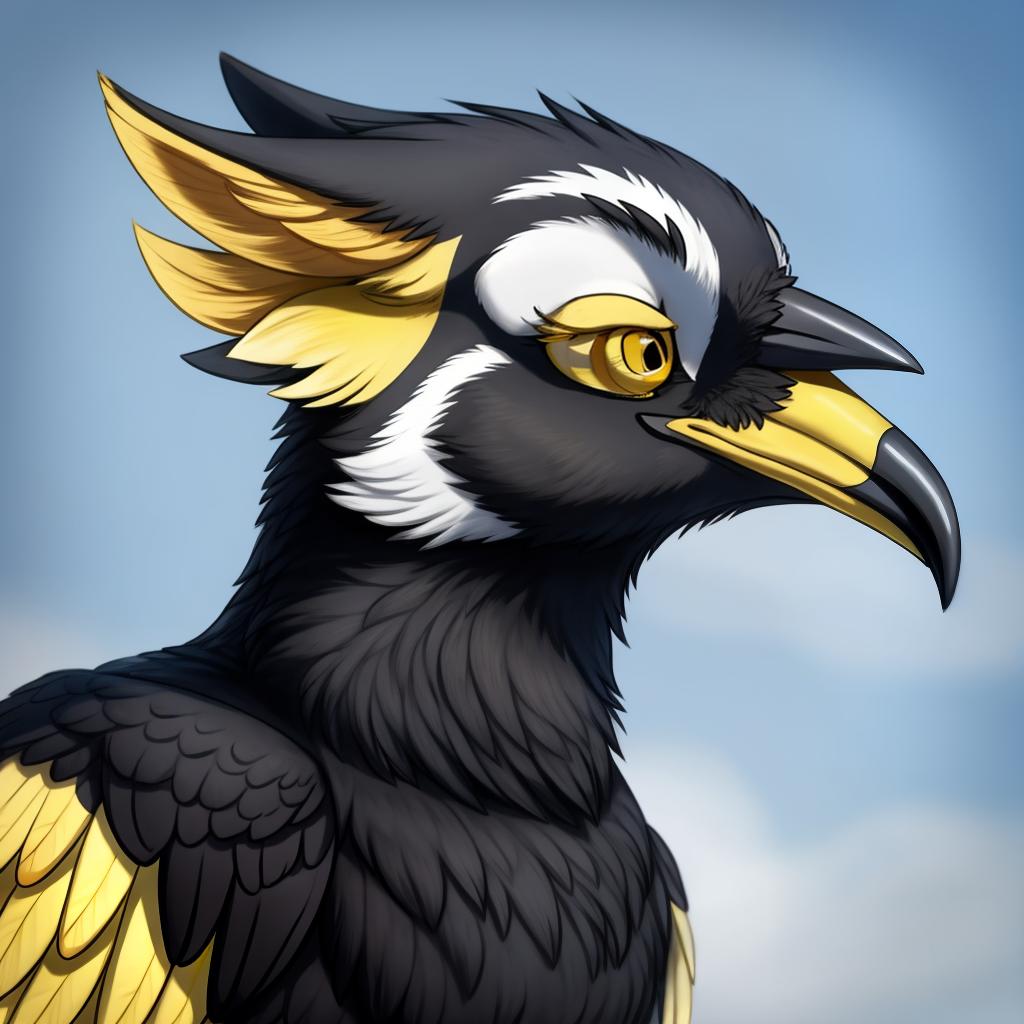  yellow-billed magpie, holarctic magpie, magpie (corvid) , gryphon, yellow beak, (yellow under eye:2), open eyes, digital art, masterpiece, 4k, fine details,